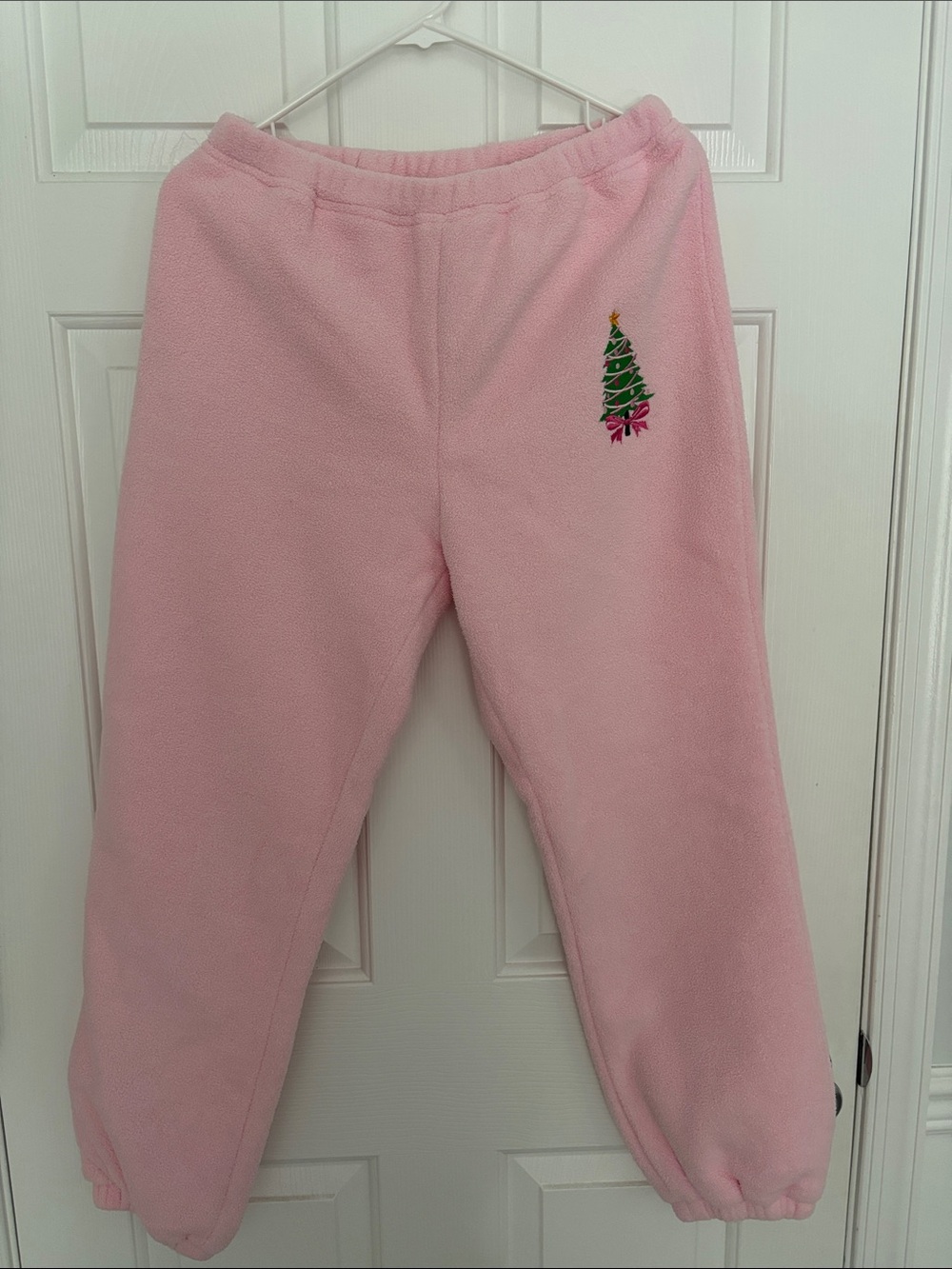 Pink Fleece Bottoms with Christmas Tree Embroidery-Firm